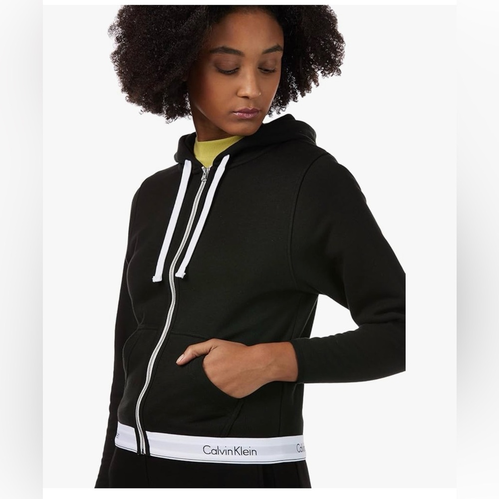 Calvin Klein Black Zip-Up Hoodie with White Trim women large pockets - Picture 2 of 10